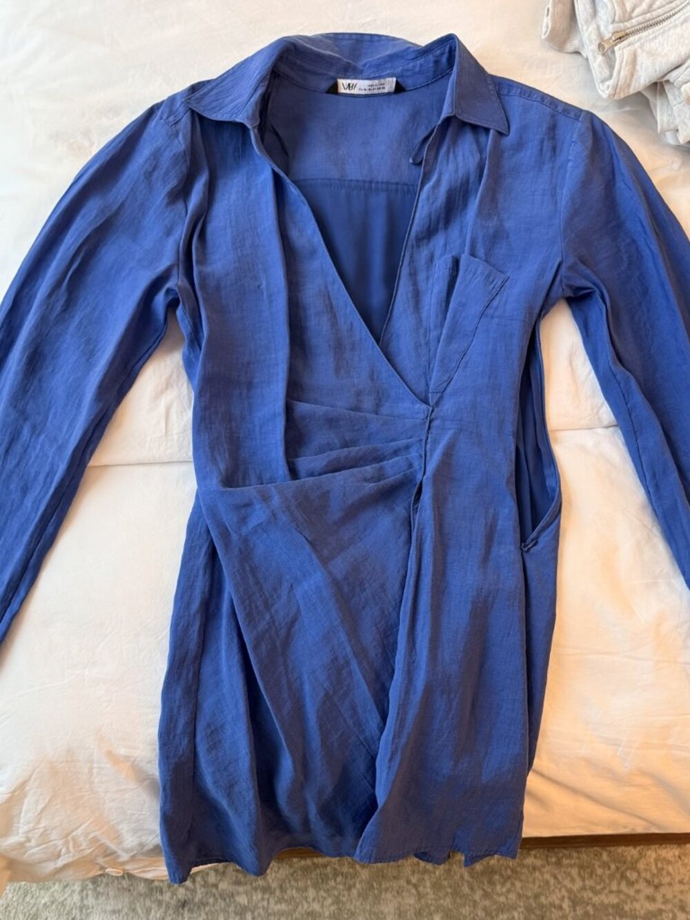 Zara Cobalt Blue Linen Blend Collared Wrap Dress Long Sleeve XS